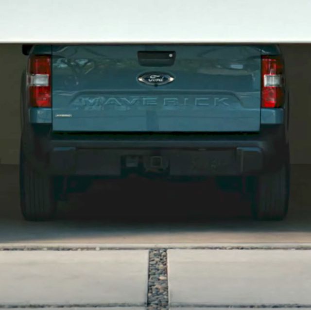new ford maverick reveal shot with a garage door obscuring the top portion of the vehicle